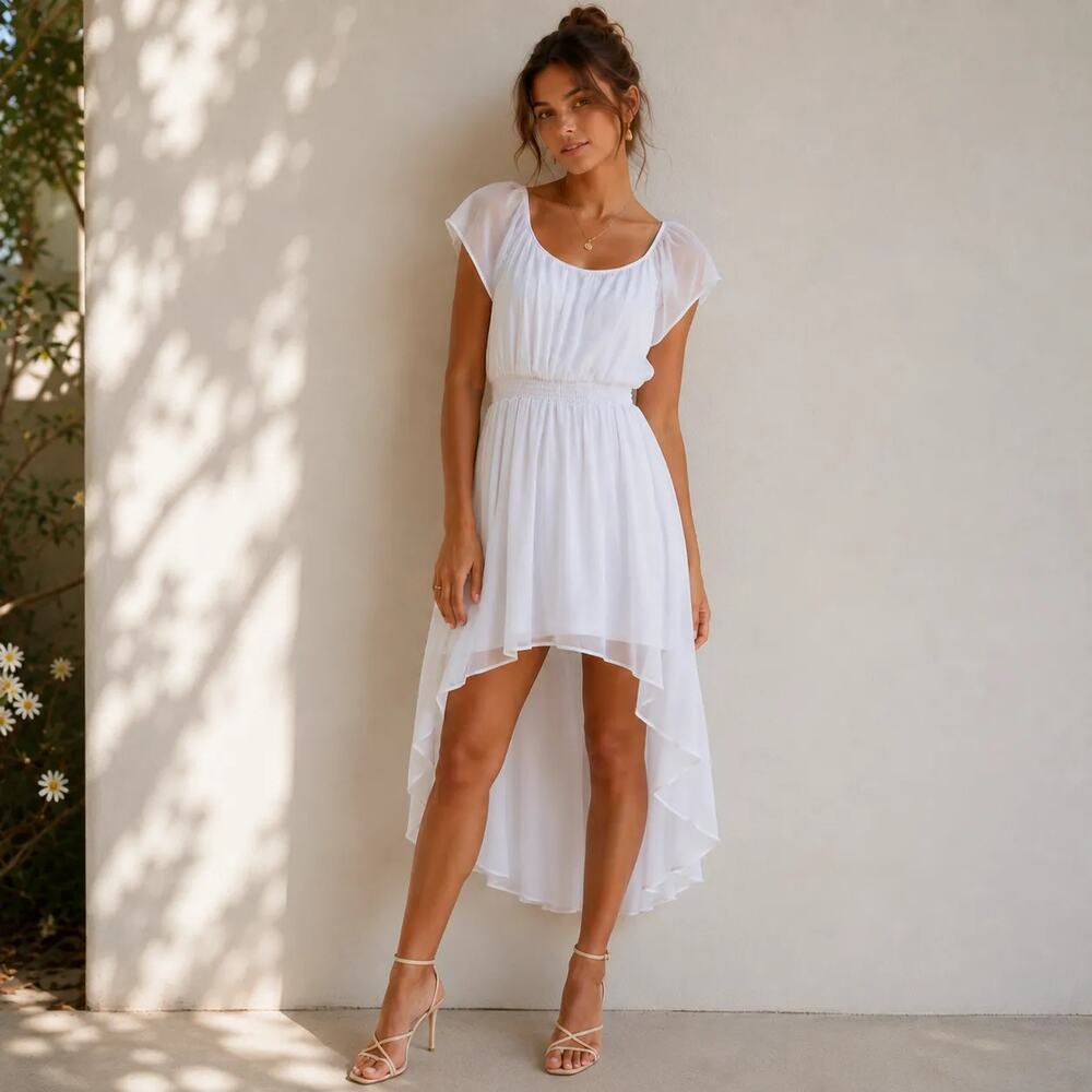 NEW Olsenboye Flutter Sleeve Boho Western High Low Flowy White Dress MEDIUM flaw